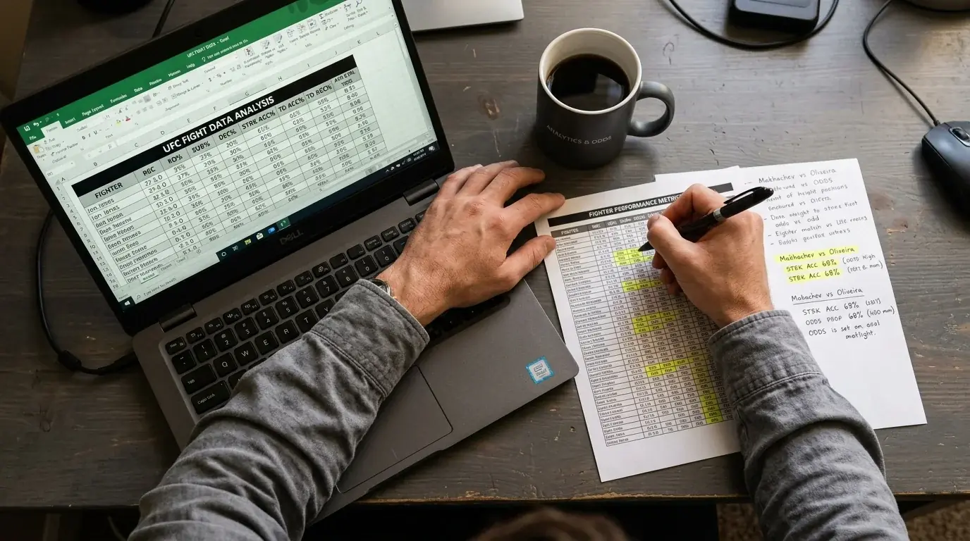 MMA analyst reviewing UFC fight statistics on a laptop with fighter data visible