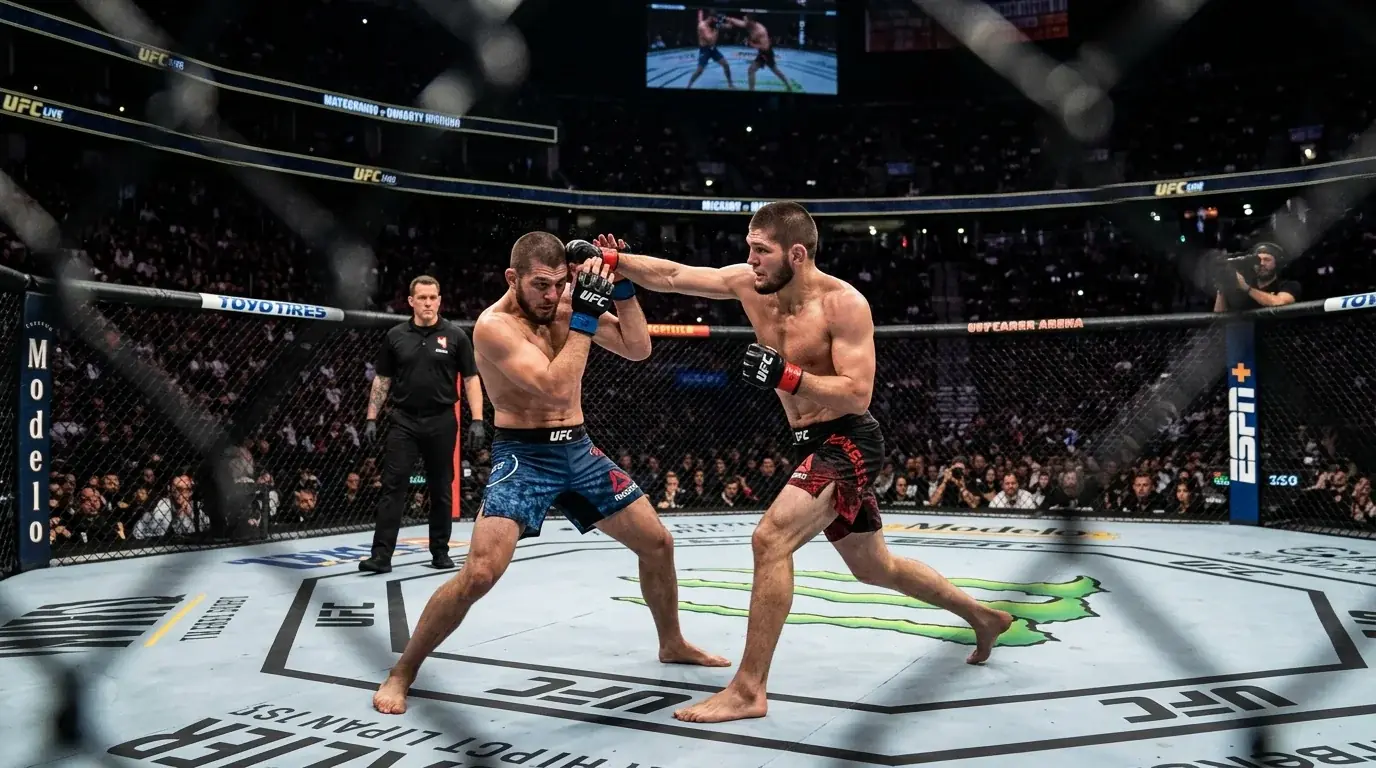 Close-up of a UFC octagon during a fight with live betting odds overlay concept