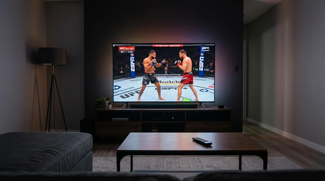 Television screen showing a UFC broadcast with the Paramount logo visible in a living room setting
