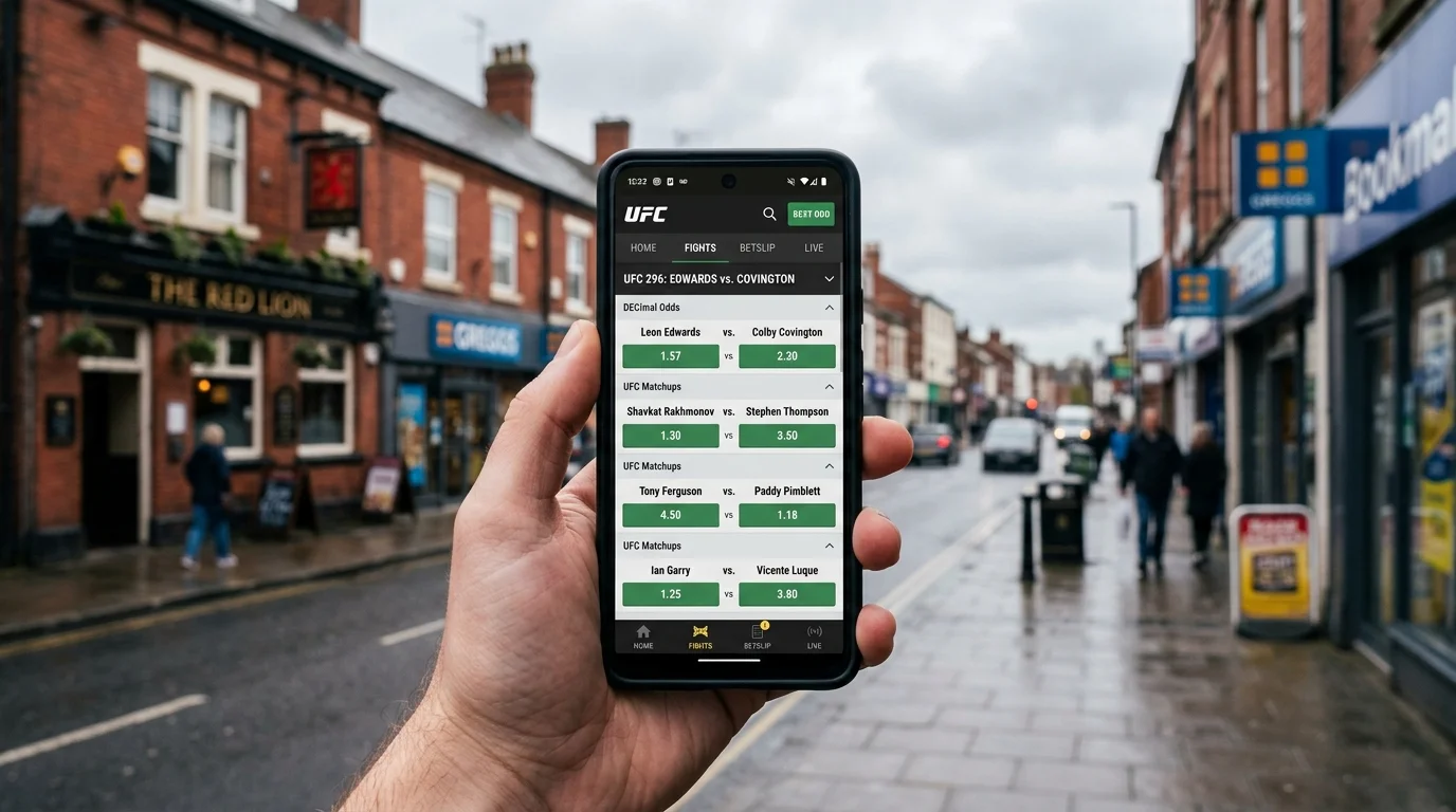 Smartphone showing a UKGC-licensed betting app with UFC fight odds on screen